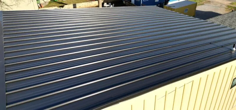 Close-up of newly installed metal roof panels