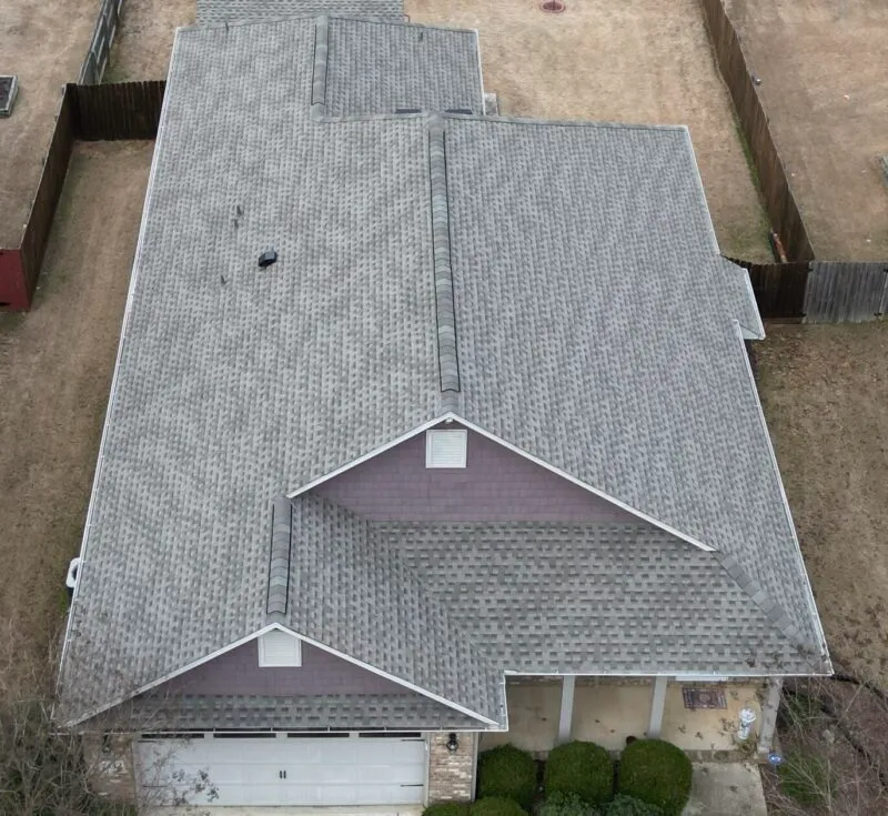 Roof replacement in Huntsville: aerial view of a completed shingle roof in South Huntsville